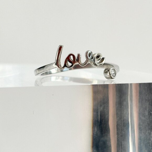 Sterling Silver Scripted "Love" Bypass Shank Vintage CZ Ring - sz 7.25 - Picture 3 of 10